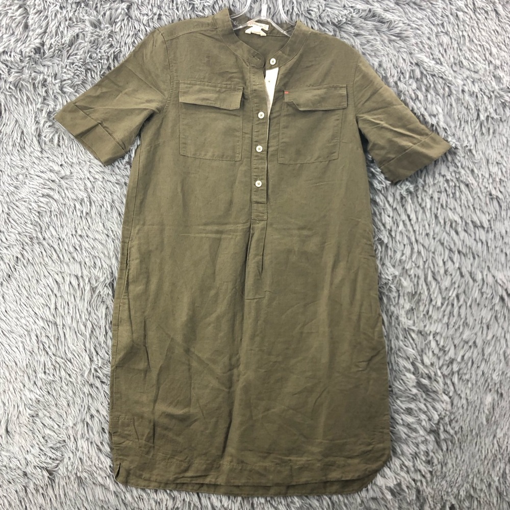Crewcuts Dress Size 14 Linen Blend Army Green Pockets Mandarin Collar Shirt